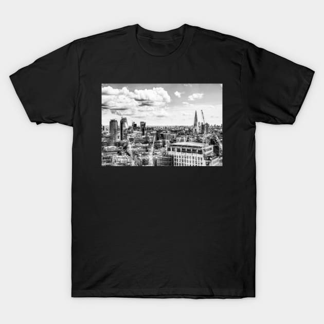 London City Canary Wharf Aerial View Black And White T-Shirt by tommysphotos